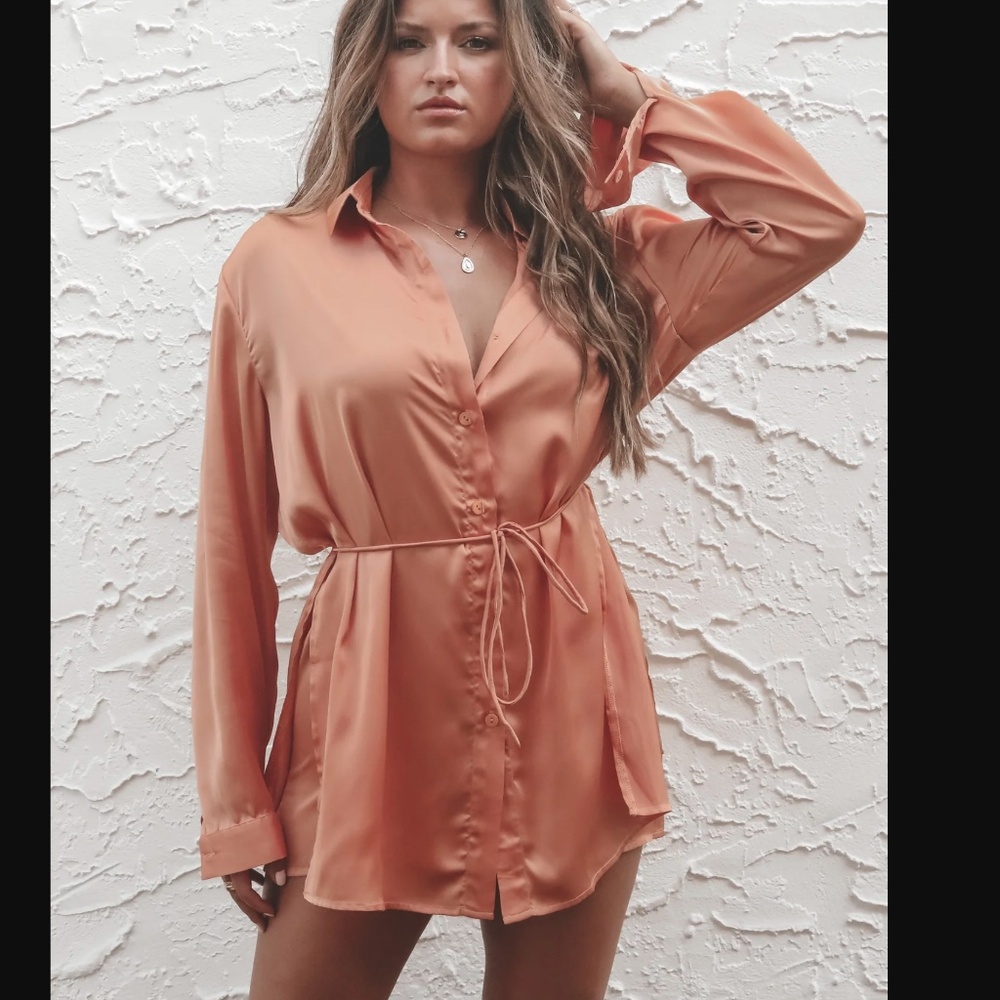 Amazing Lace Satin Long Sleeve Romper Shirt Dress Mini Dress Ginger